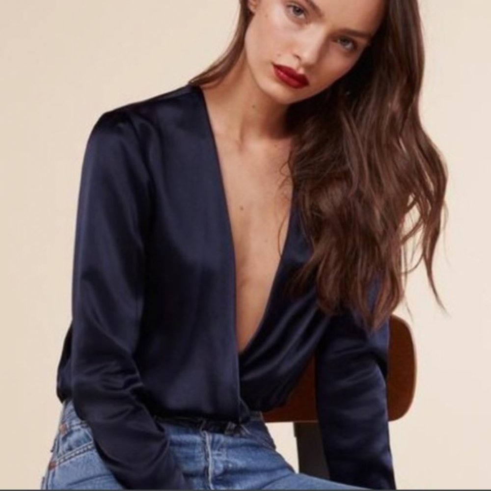 Sexy 100% silk plunging neckline body suit, Reformation, Size L